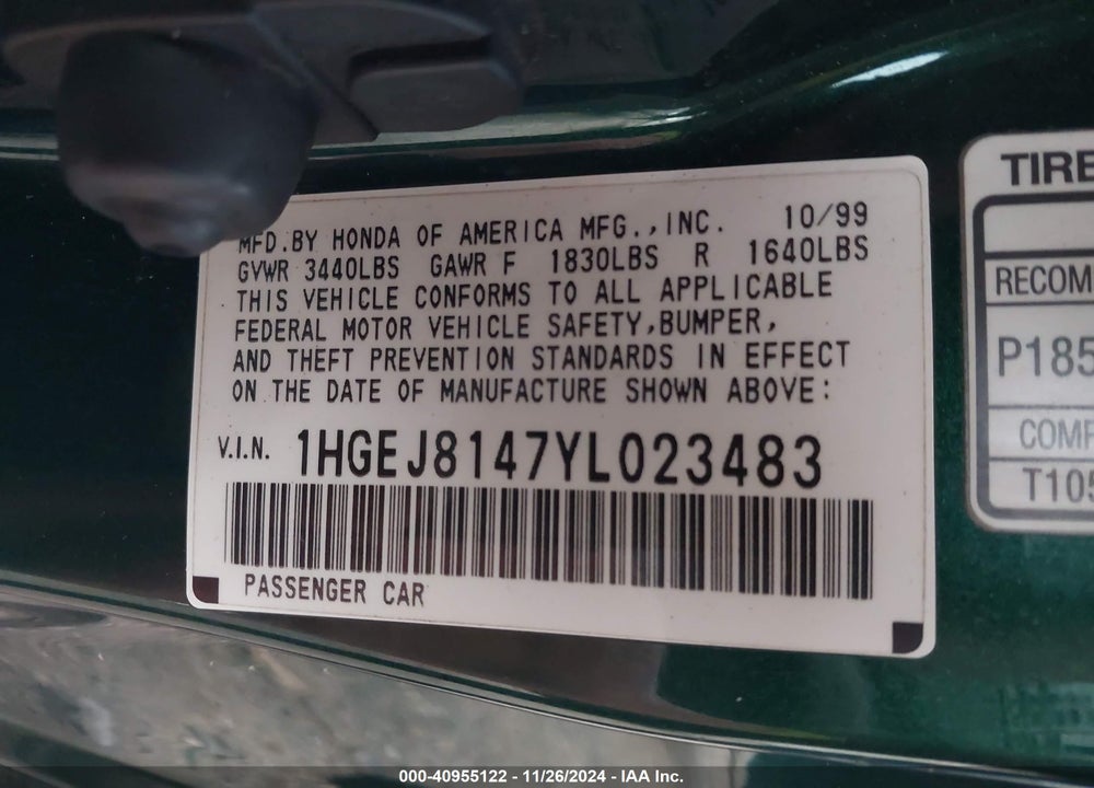 2000 HONDA CIVIC EX VIN: 1HGEJ8147YL023483