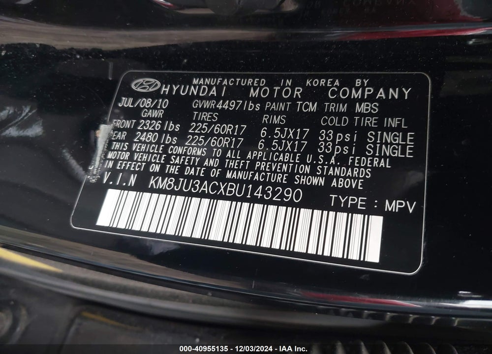2011 HYUNDAI TUCSON GLS VIN: KM8JU3ACXBU143290