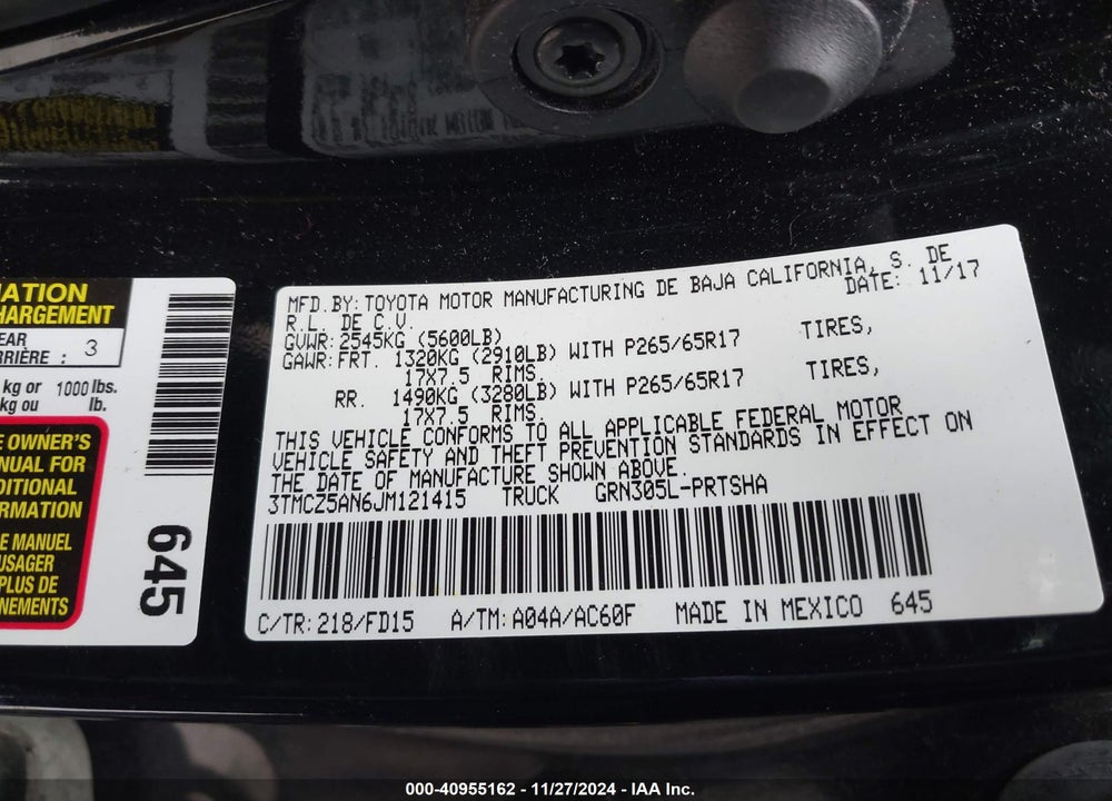 2018 TOYOTA TACOMA VIN: 3TMCZ5AN6JM121415