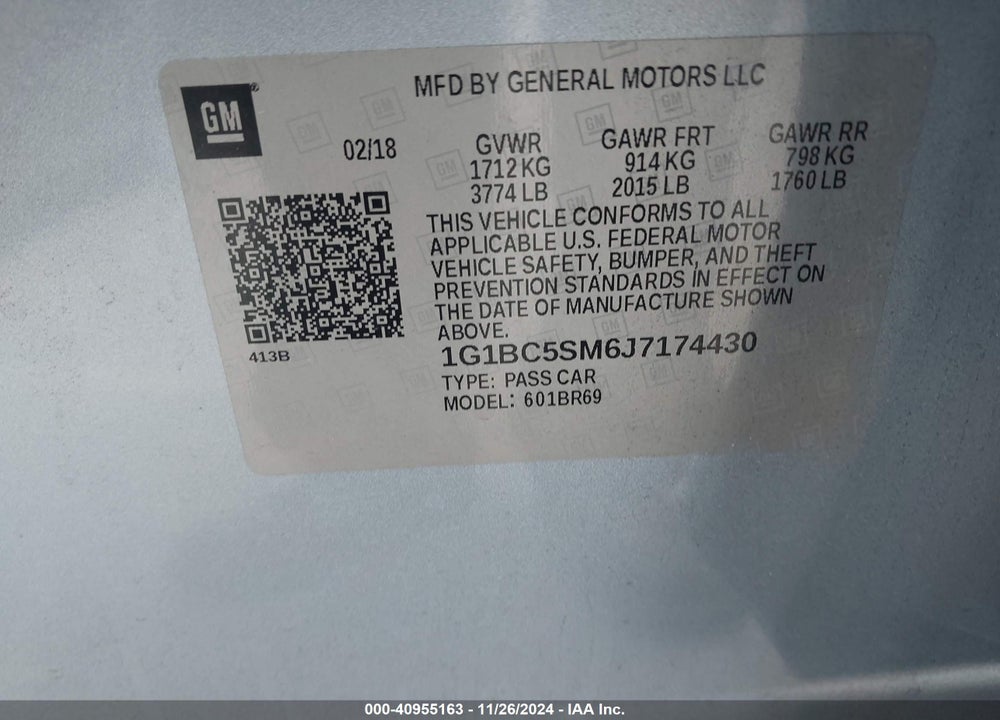 2018 CHEVROLET CRUZE LS AUTO VIN: 1G1BC5SM6J7174430