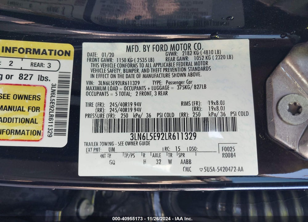 2020 LINCOLN MKZ VIN: 3LN6L5E92LR611329