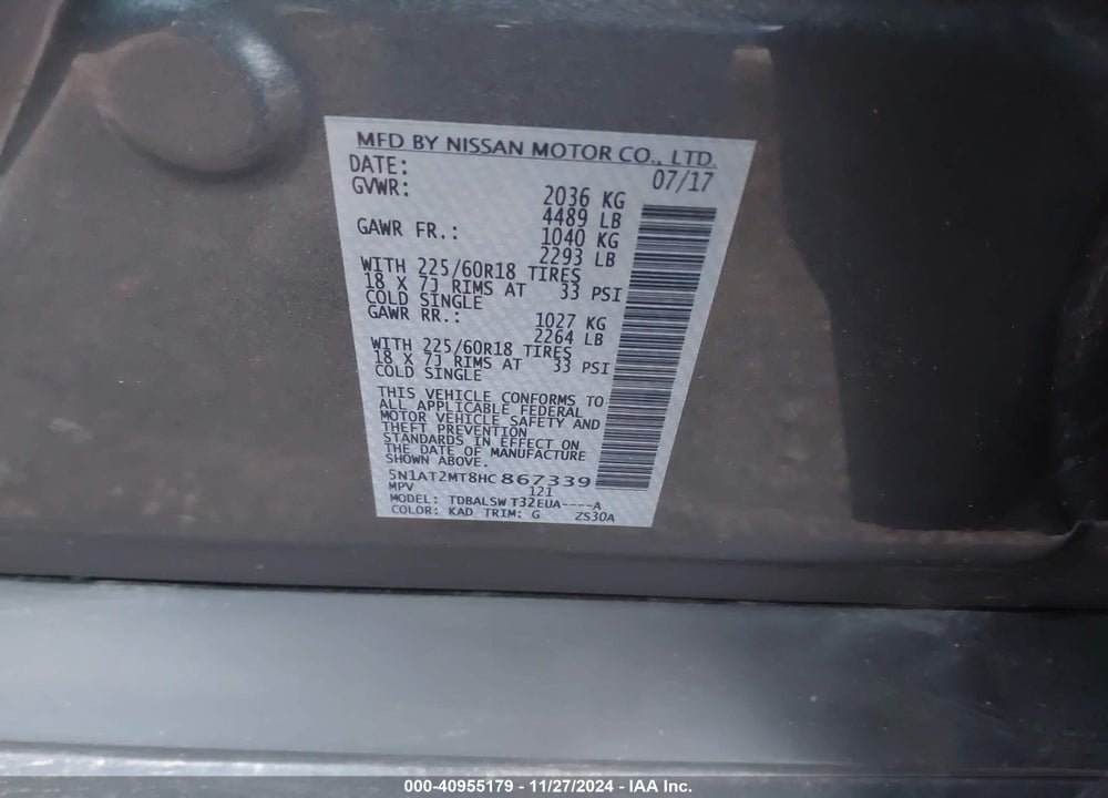 2017 NISSAN ROGUE VIN: 5N1AT2MT8HC867339