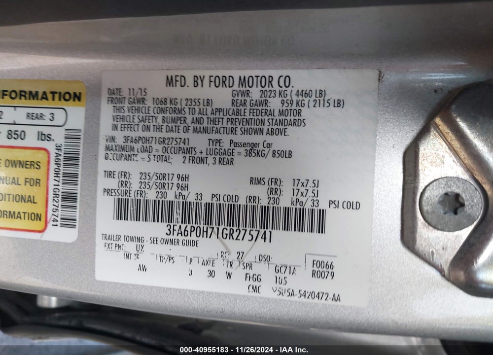 2016 FORD FUSION SE VIN: 3FA6P0H71GR275741