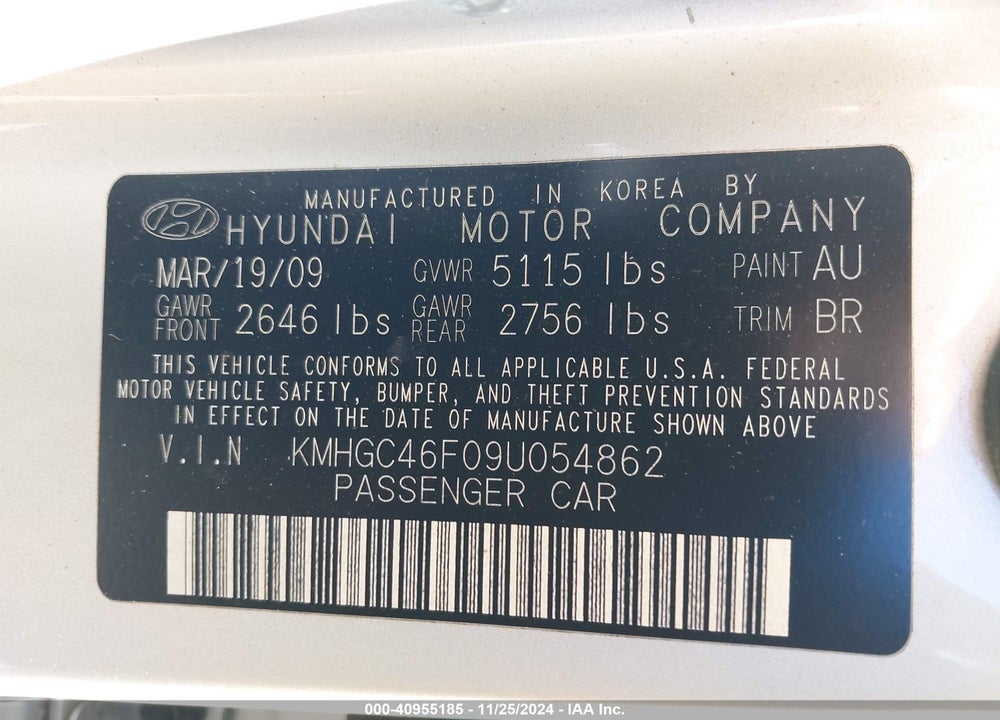 2009 HYUNDAI GENESIS 4.6 VIN: KMHGC46F09U054862