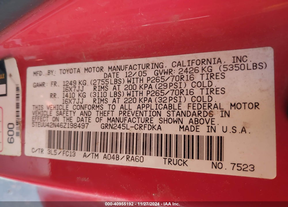 2006 TOYOTA TACOMA ACCESS CAB VIN: 5TEUU42N46Z198497