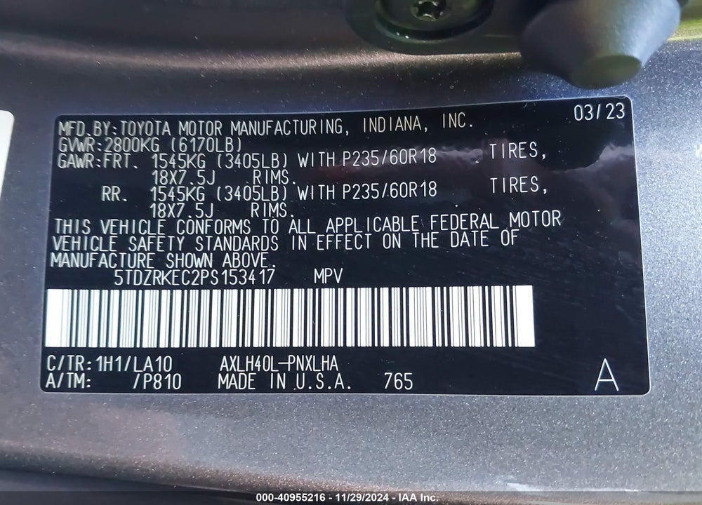 2023 TOYOTA SIENNA LIMITED VIN: 5TDZRKEC2PS153417