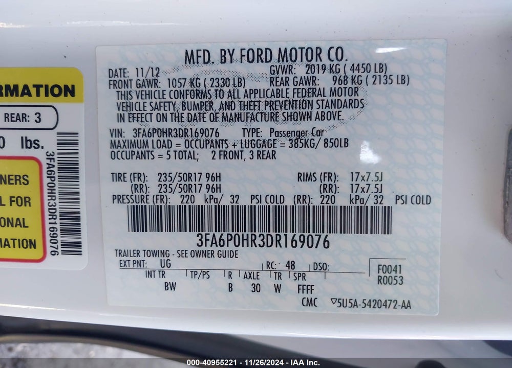 2013 FORD FUSION SE VIN: 3FA6P0HR3DR169076