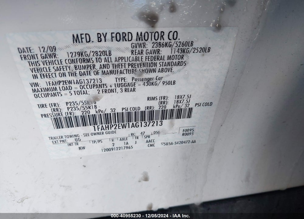 2010 FORD TAURUS VIN: 1FAHP2EW1AG137213