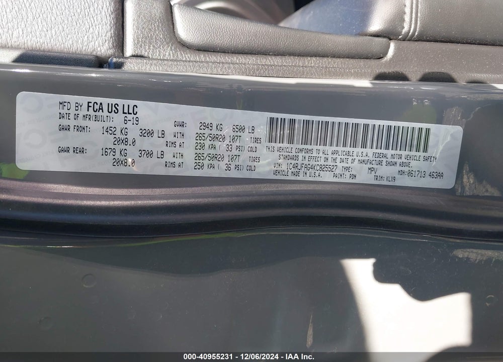 2019 JEEP GRAND CHEROKEE ALTITUDE 4X4 VIN: 1C4RJFAG4KC825527