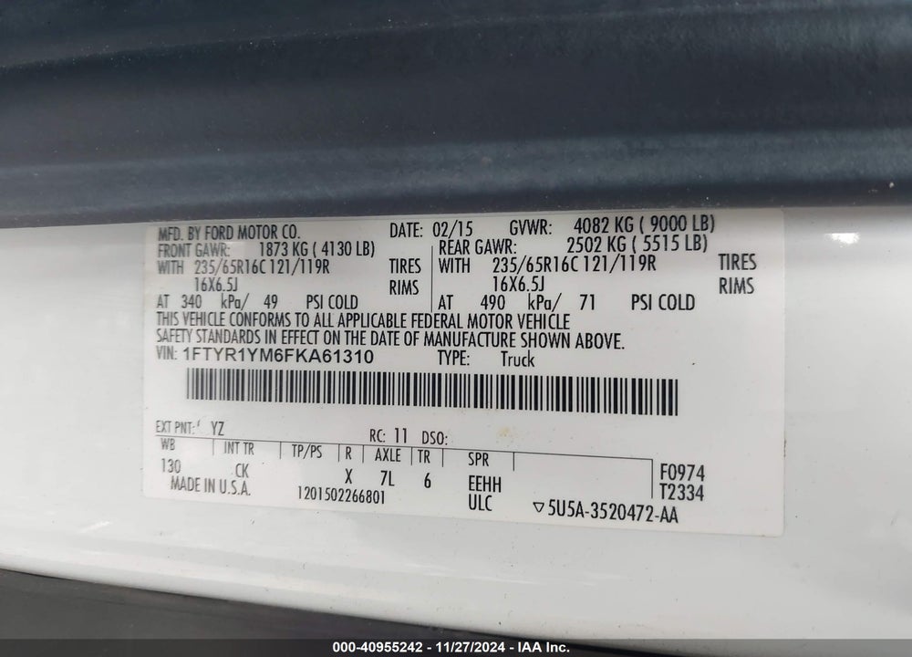 2015 FORD TRANSIT-250 VIN: 1FTYR1YM6FKA61310