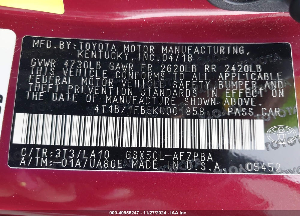 2019 TOYOTA AVALON LIMITED VIN: 4T1BZ1FB5KU001858