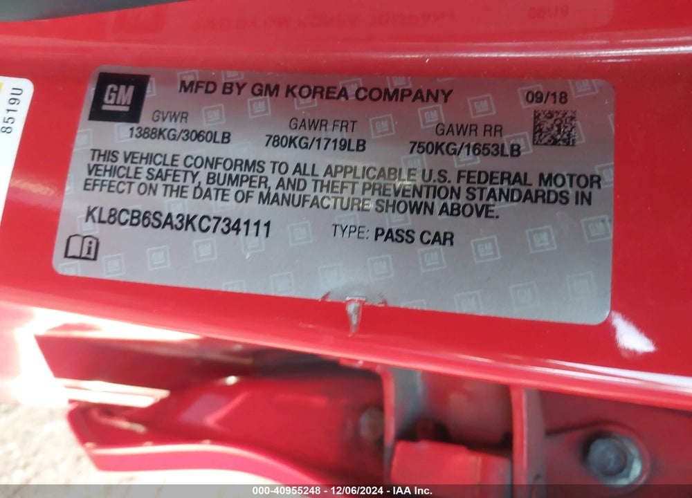 2019 CHEVROLET SPARK LS CVT VIN: KL8CB6SA3KC734111