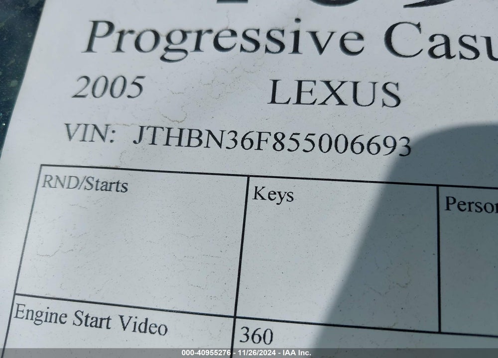 2005 LEXUS LS 430 VIN: JTHBN36F855006693