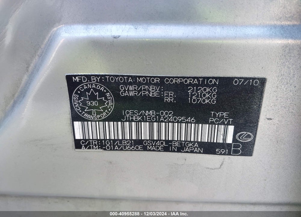 2010 LEXUS ES 350 VIN: JTHBK1EG1A2409546