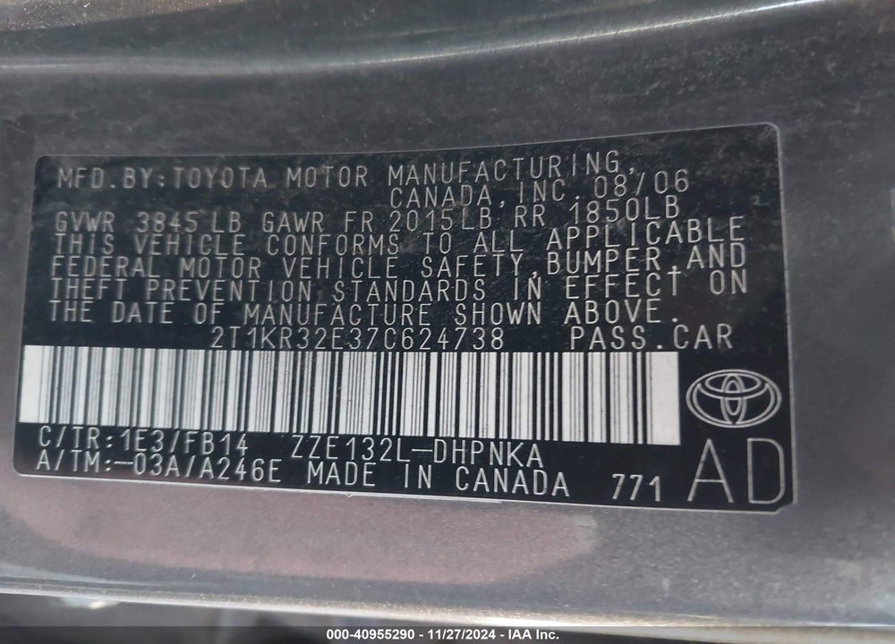 2007 TOYOTA MATRIX/XR VIN: 2T1KR32E37C624738