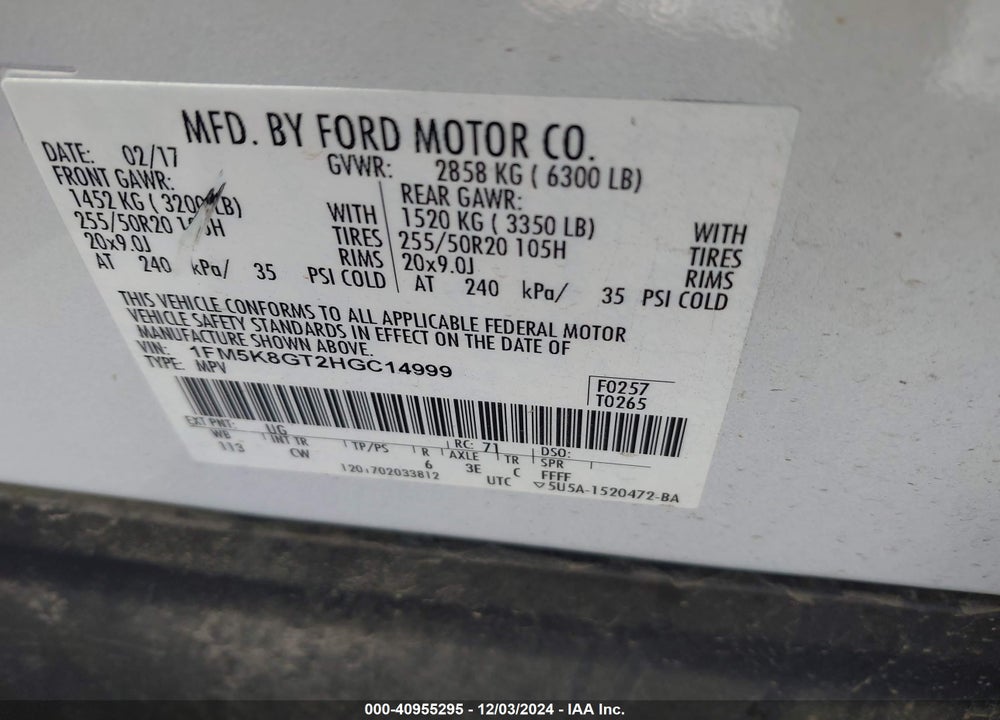 2017 FORD EXPLORER SPORT VIN: 1FM5K8GT2HGC14999