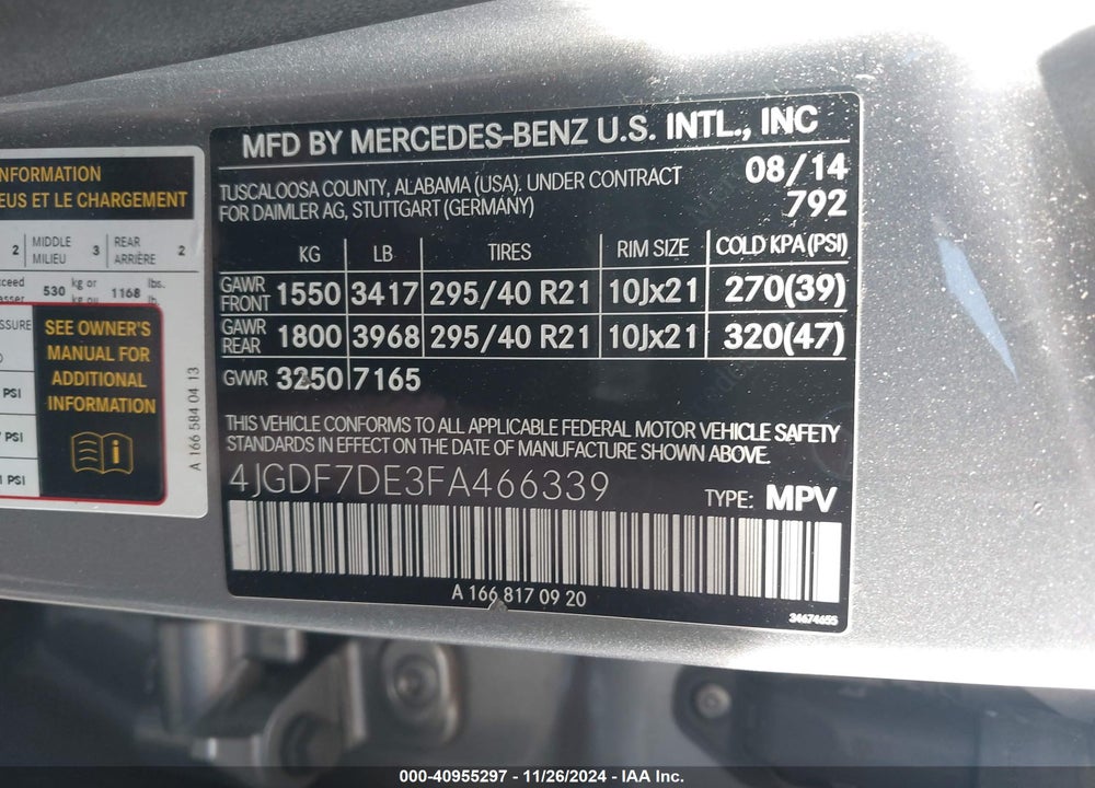 2015 MERCEDES-BENZ GL 550 4MATIC VIN: 4JGDF7DE3FA466339