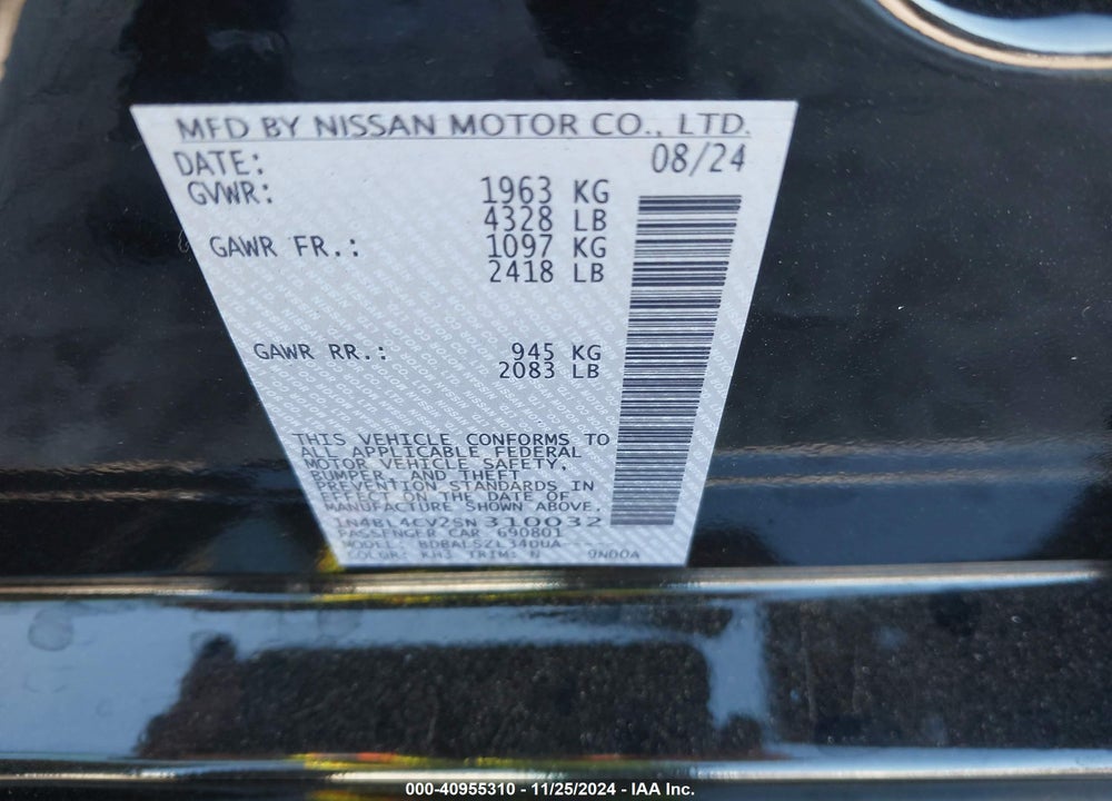 2025 NISSAN ALTIMA SR FWD VIN: 1N4BL4CV2SN310032