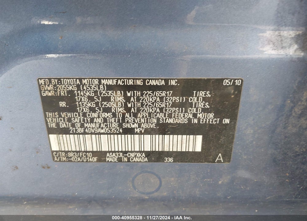 2010 TOYOTA RAV4 VIN: 2T3BF4DV9AW053524