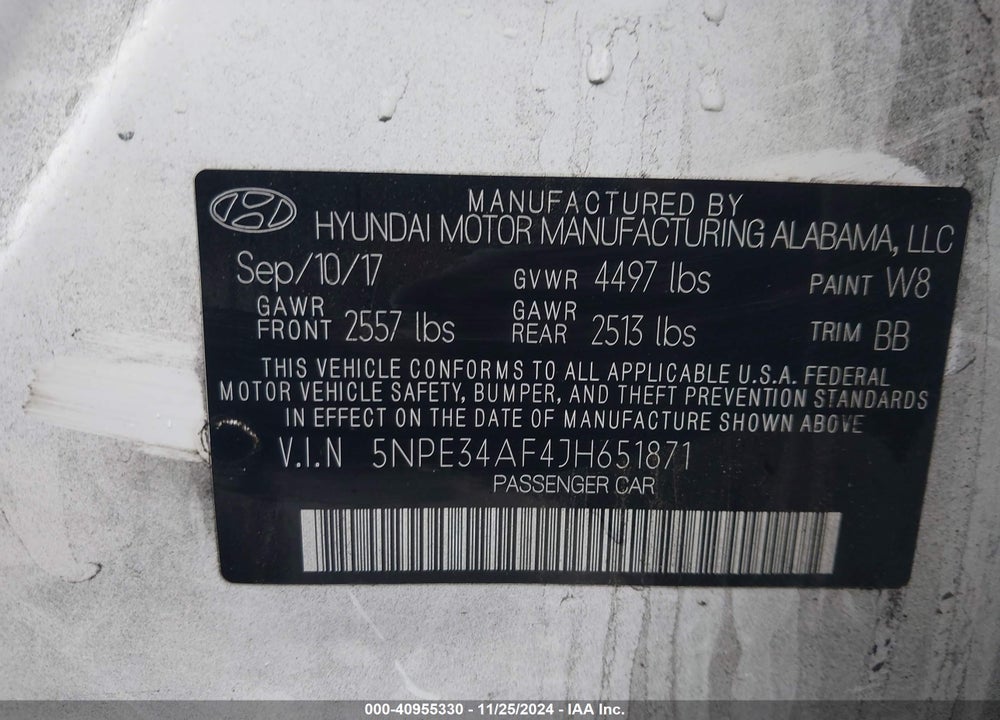 2018 HYUNDAI SONATA VIN: 5NPE34AF4JH651871