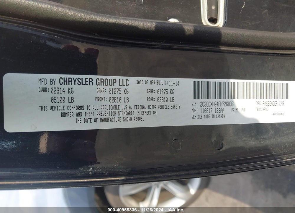 2015 DODGE CHARGER VIN: 2C3CDXHG4FH726836