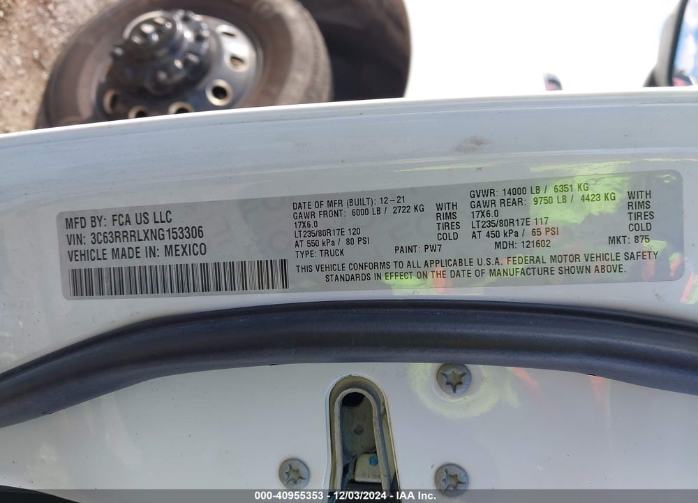 2022 RAM 3500 VIN: 3C63RRRLXNG153306
