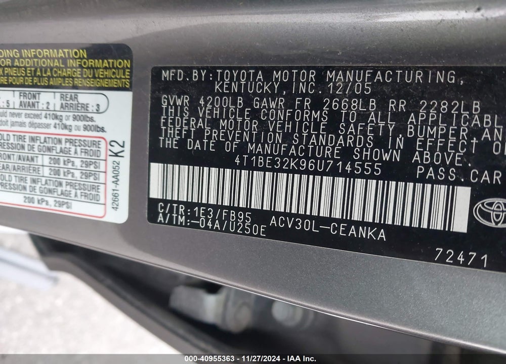2006 TOYOTA CAMRY LE VIN: 4T1BE32K96U714555