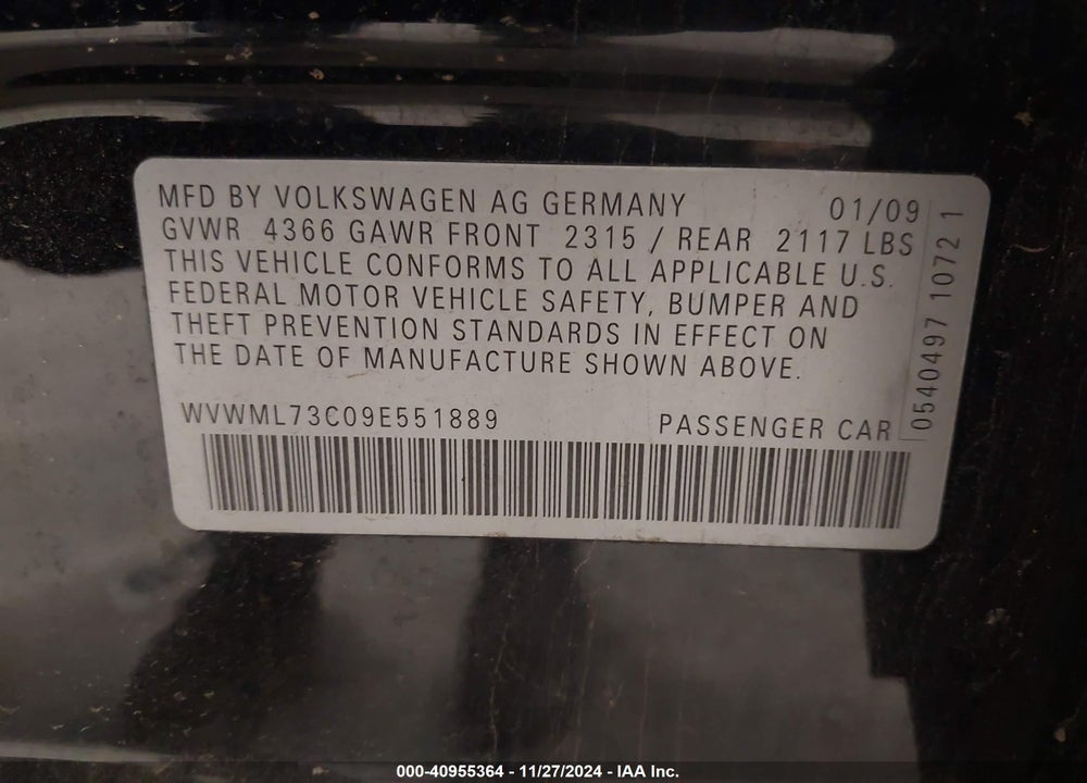 2009 VOLKSWAGEN CC SPORT VIN: WVWML73C09E551889