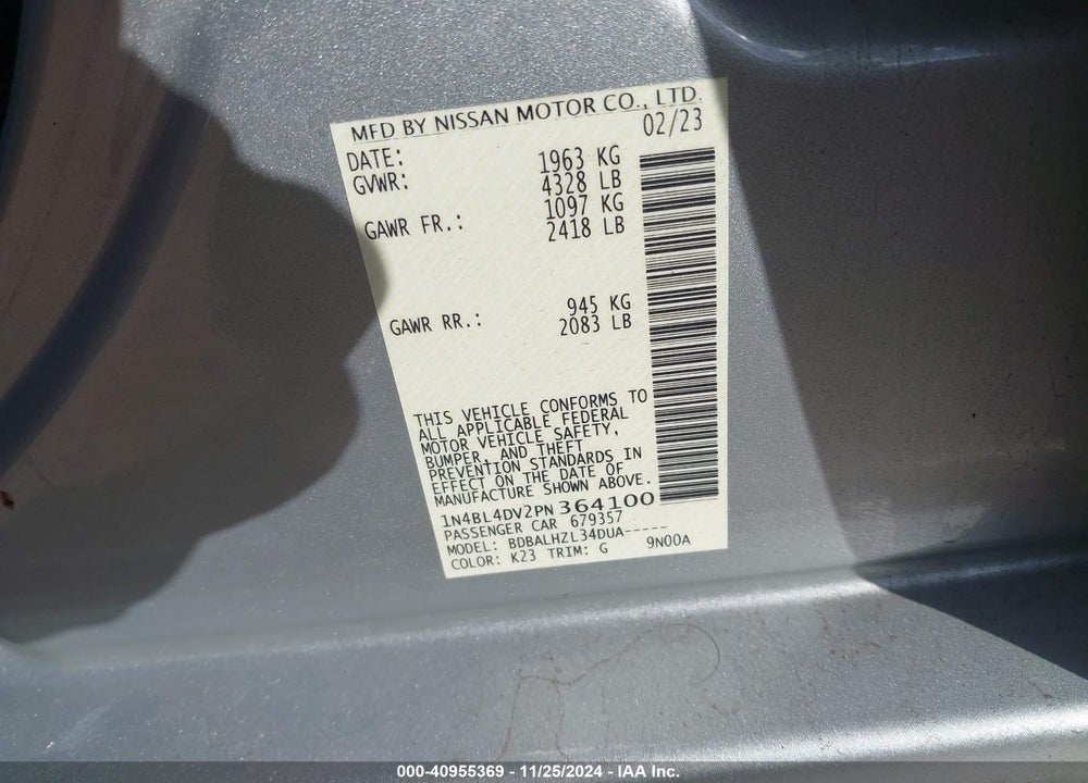 2023 NISSAN ALTIMA SV FWD VIN: 1N4BL4DV2PN364100