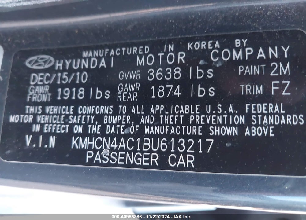 2011 HYUNDAI ACCENT GLS VIN: KMHCN4AC1BU613217