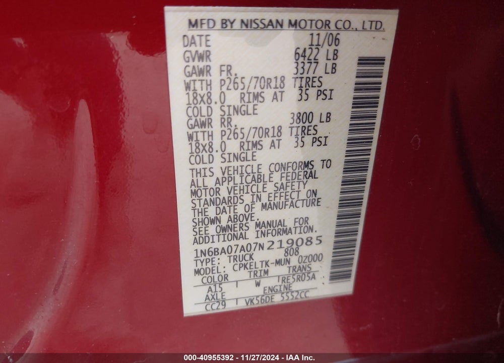 2007 NISSAN TITAN SE VIN: 1N6BA07A07N219085