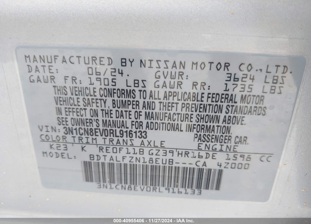 2024 NISSAN VERSA VIN: 3N1CN8EV0RL916133