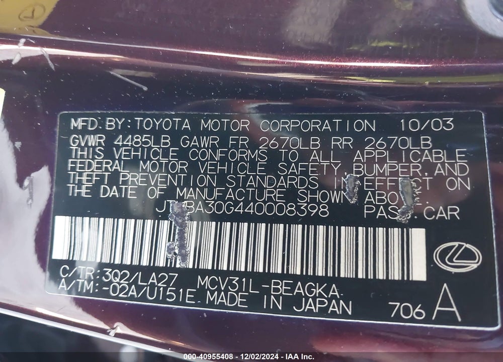 2004 LEXUS ES 330 VIN: JTHBA30G440008398