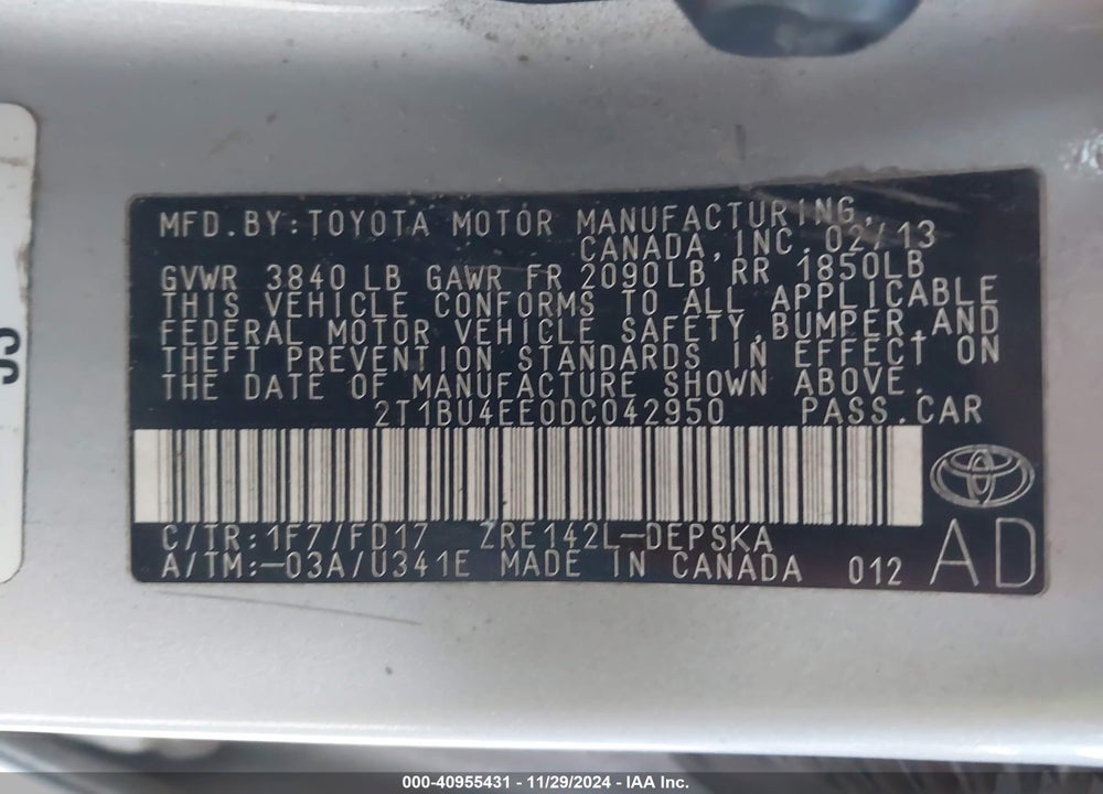 2013 TOYOTA COROLLA S VIN: 2T1BU4EE0DC042950
