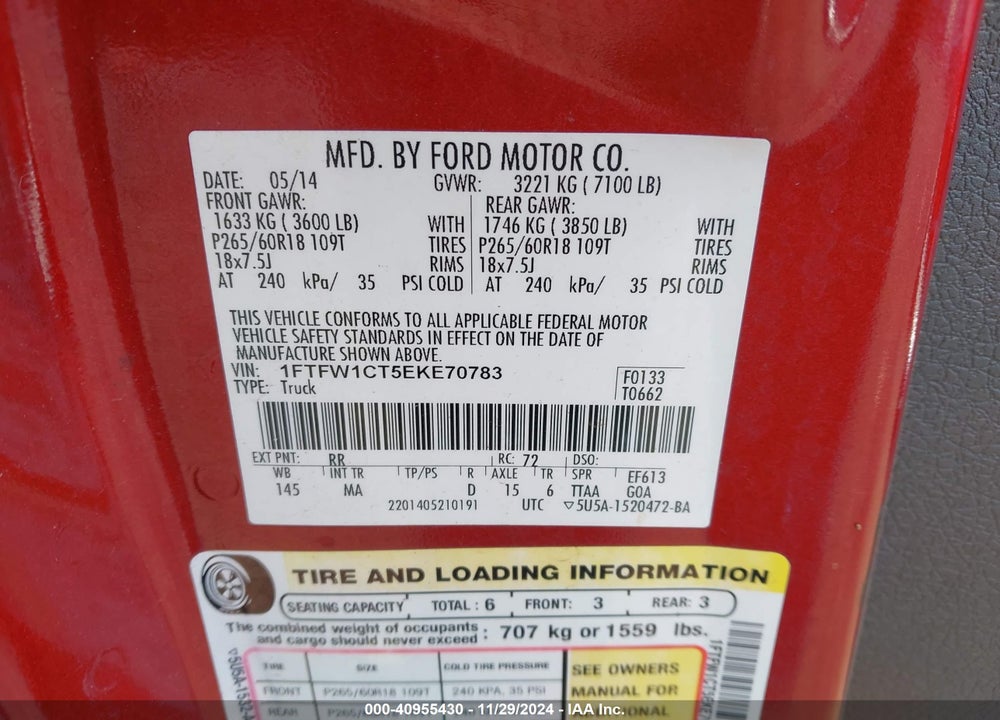 2014 FORD F-150 XLT VIN: 1FTFW1CT5EKE70783