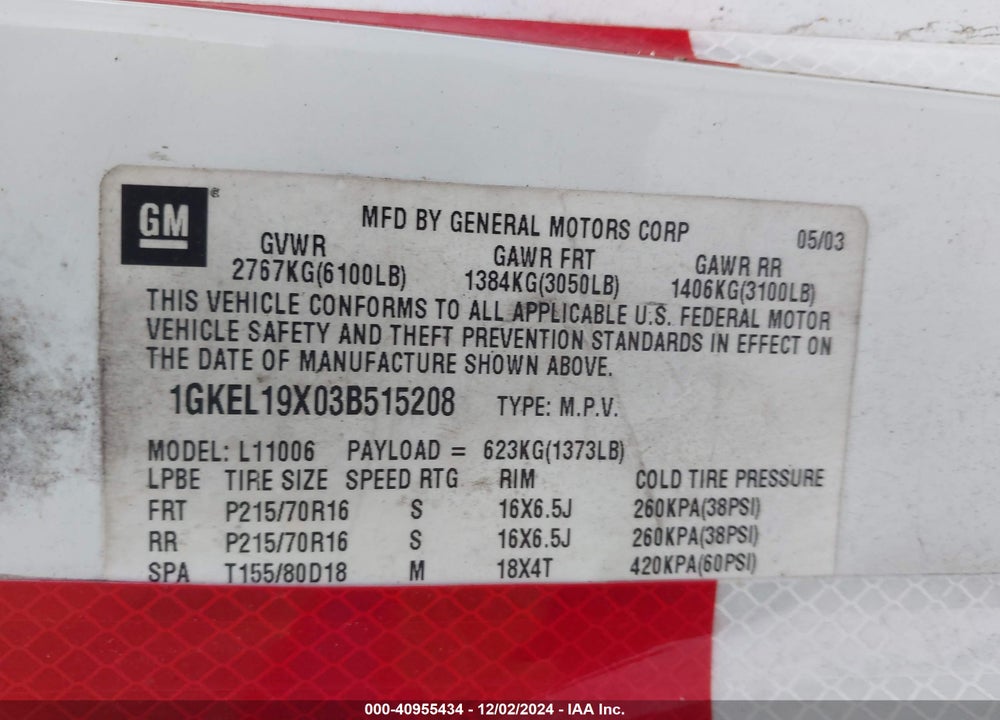 2003 GMC SAFARI SLE VIN: 1GKEL19X03B515208