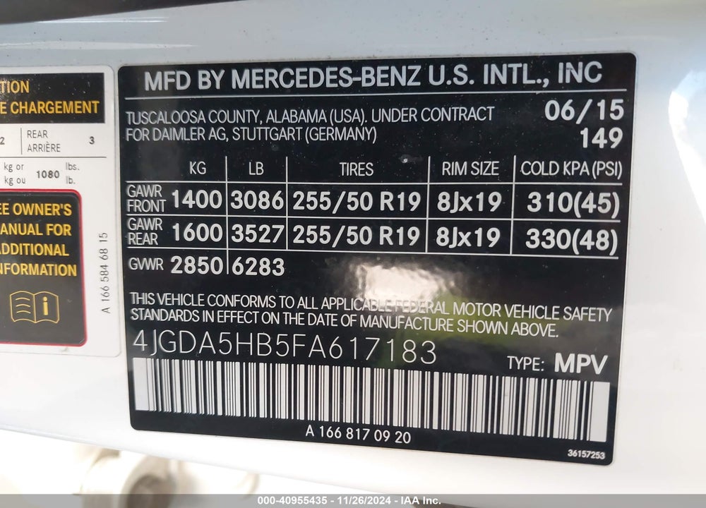 2015 MERCEDES-BENZ ML 350 4MATIC VIN: 4JGDA5HB5FA617183