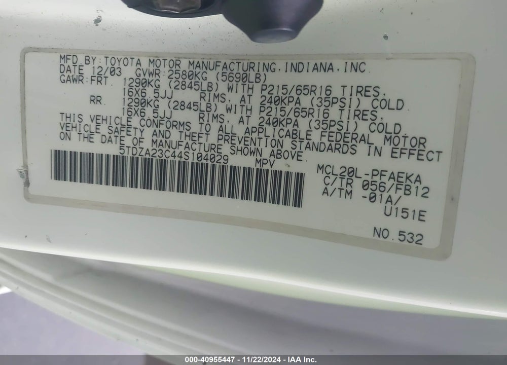 2004 TOYOTA SIENNA LE VIN: 5TDZA23C44S104029