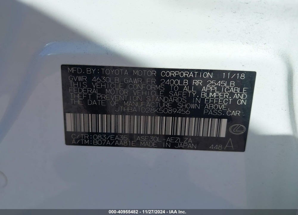 2019 LEXUS IS VIN: JTHBA1D28K5089456