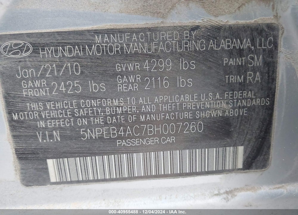 2011 HYUNDAI SONATA GLS VIN: 5NPEB4AC7BH007260