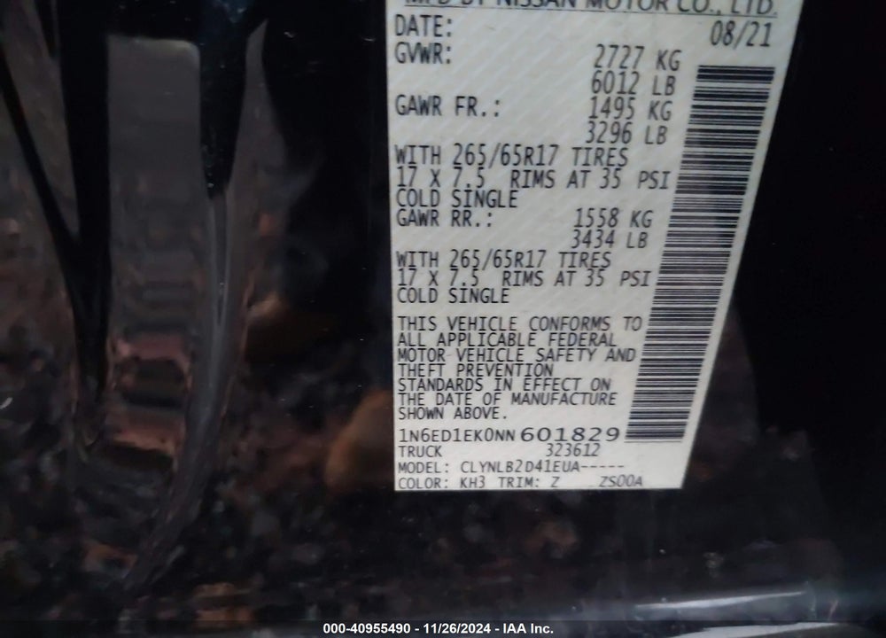 2022 NISSAN FRONTIER SV 4X4 VIN: 1N6ED1EK0NN601829