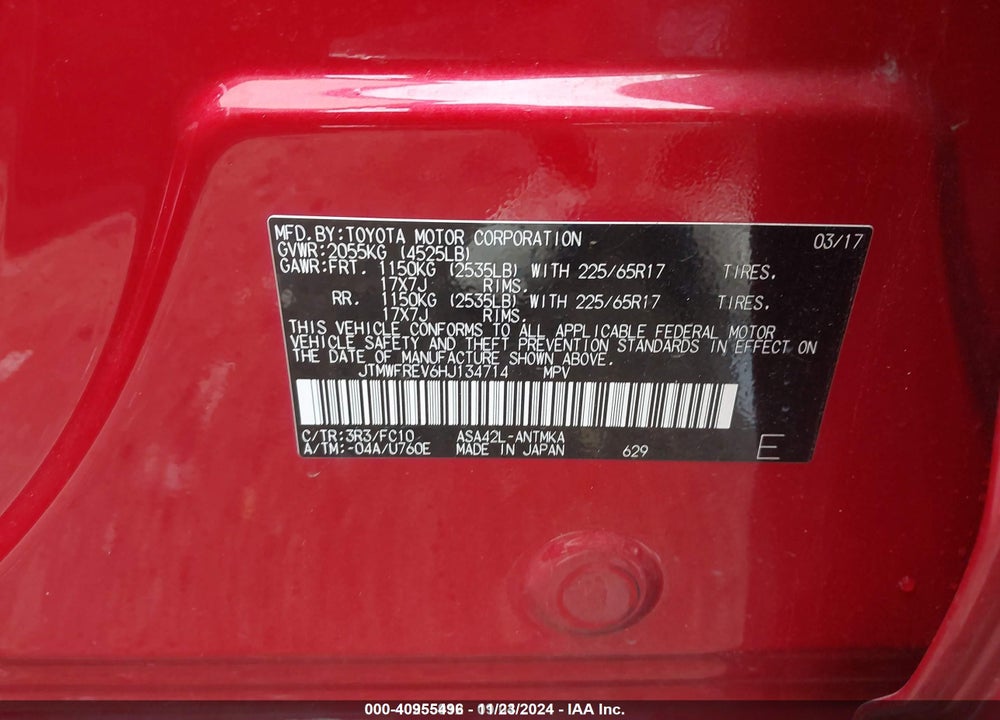 2017 TOYOTA RAV4 XLE VIN: JTMWFREV6HJ134714