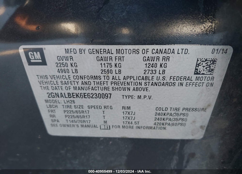2014 CHEVROLET EQUINOX 1LT VIN: 2GNALBEK6E6230097