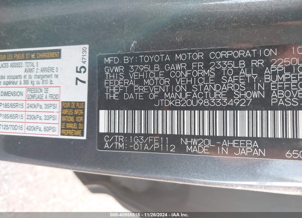 2008 TOYOTA PRIUS VIN: JTDKB20U983334927