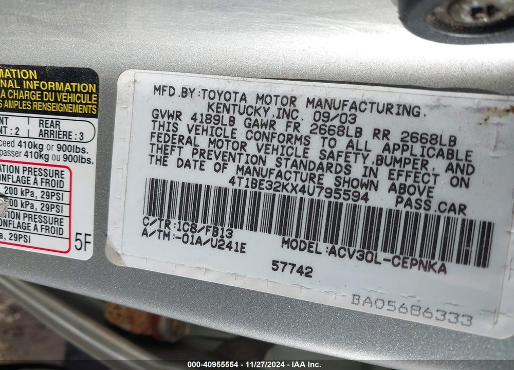 2004 TOYOTA CAMRY LE VIN: 4T1BE32KX4U795594