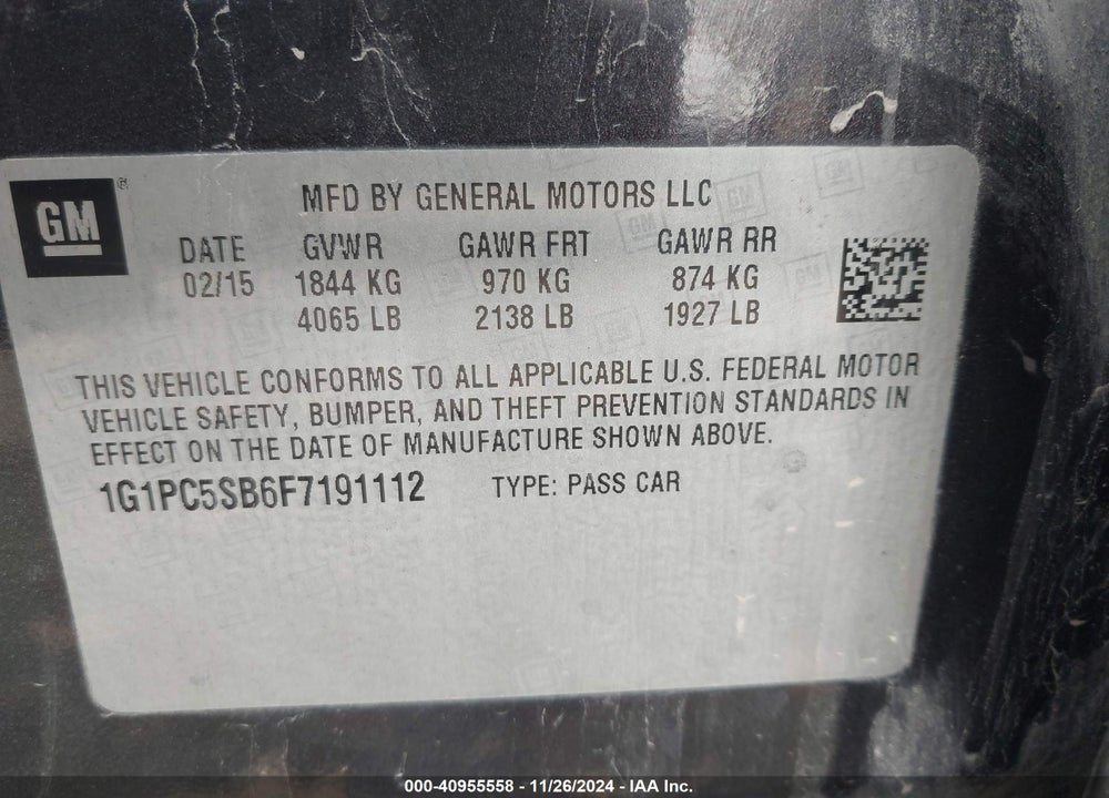 2015 CHEVROLET CRUZE 1LT AUTO VIN: 1G1PC5SB6F7191112