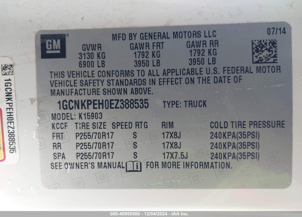 2014 CHEVROLET SILVERADO 1500 VIN: 1GCNKPEH0EZ388535