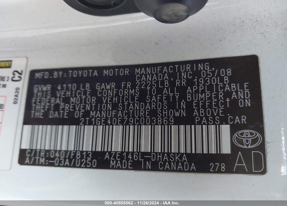2009 TOYOTA MATRIX VIN: 2T1GE40E79C003869