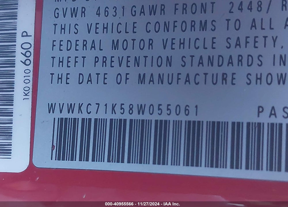 2008 VOLKSWAGEN R32 VIN: WVWKC71K58W055061