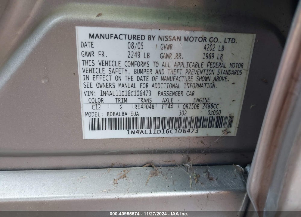 2006 NISSAN ALTIMA 2.5 S VIN: 1N4AL11D16C106473